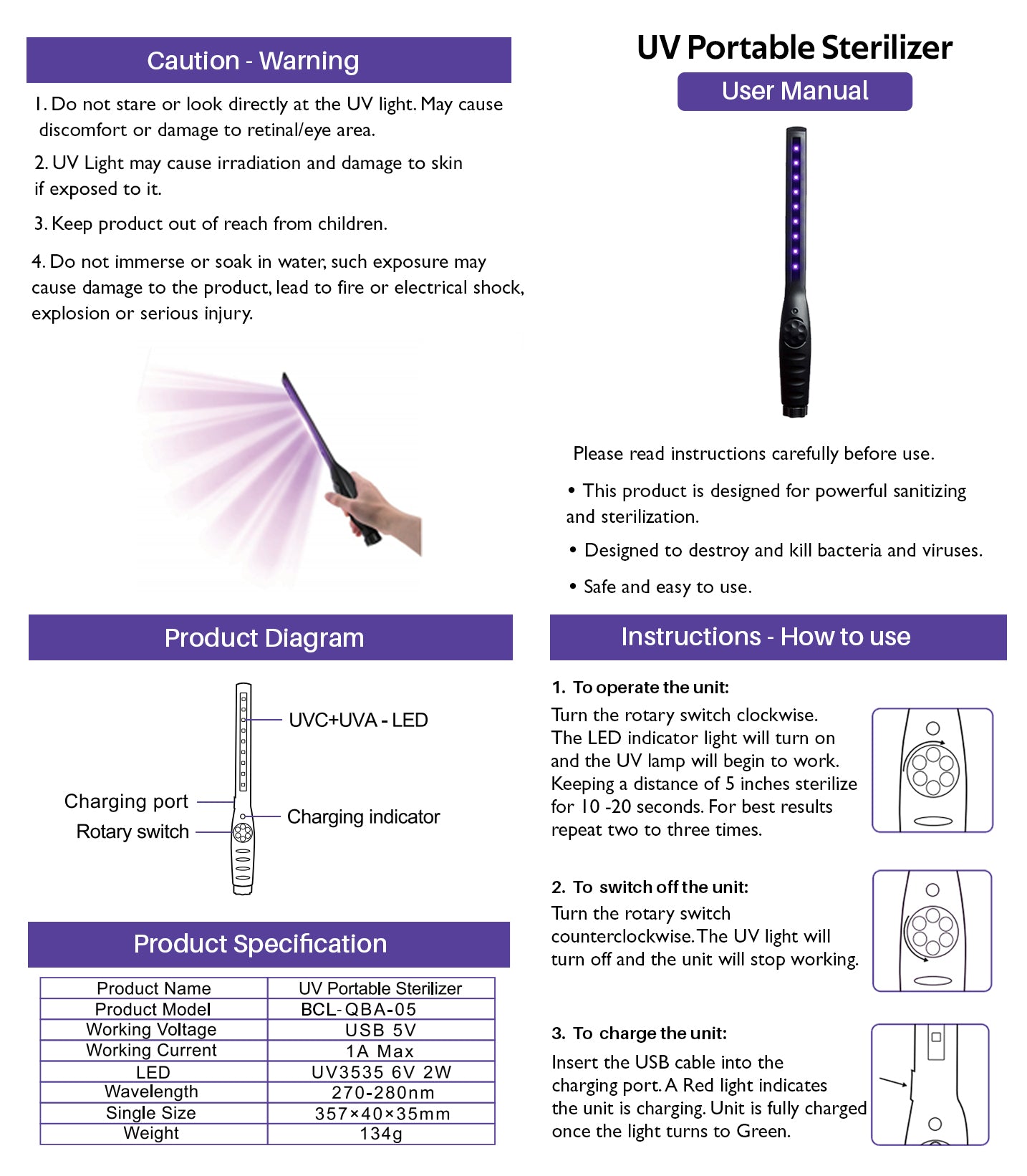 UV Portable Steriliser - Covid - BCL Auto Electric Online Shop - Office and Personal Equipment, Car Interiors, Household Use, Children's Playrooms, Kitchens, Bathrooms, User Manual