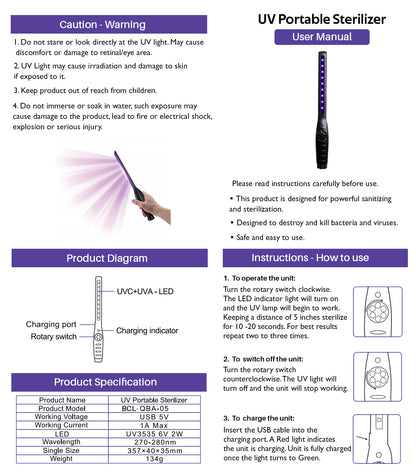 UV Portable Steriliser - Covid - BCL Auto Electric Online Shop - Office and Personal Equipment, Car Interiors, Household Use, Children's Playrooms, Kitchens, Bathrooms, User Manual