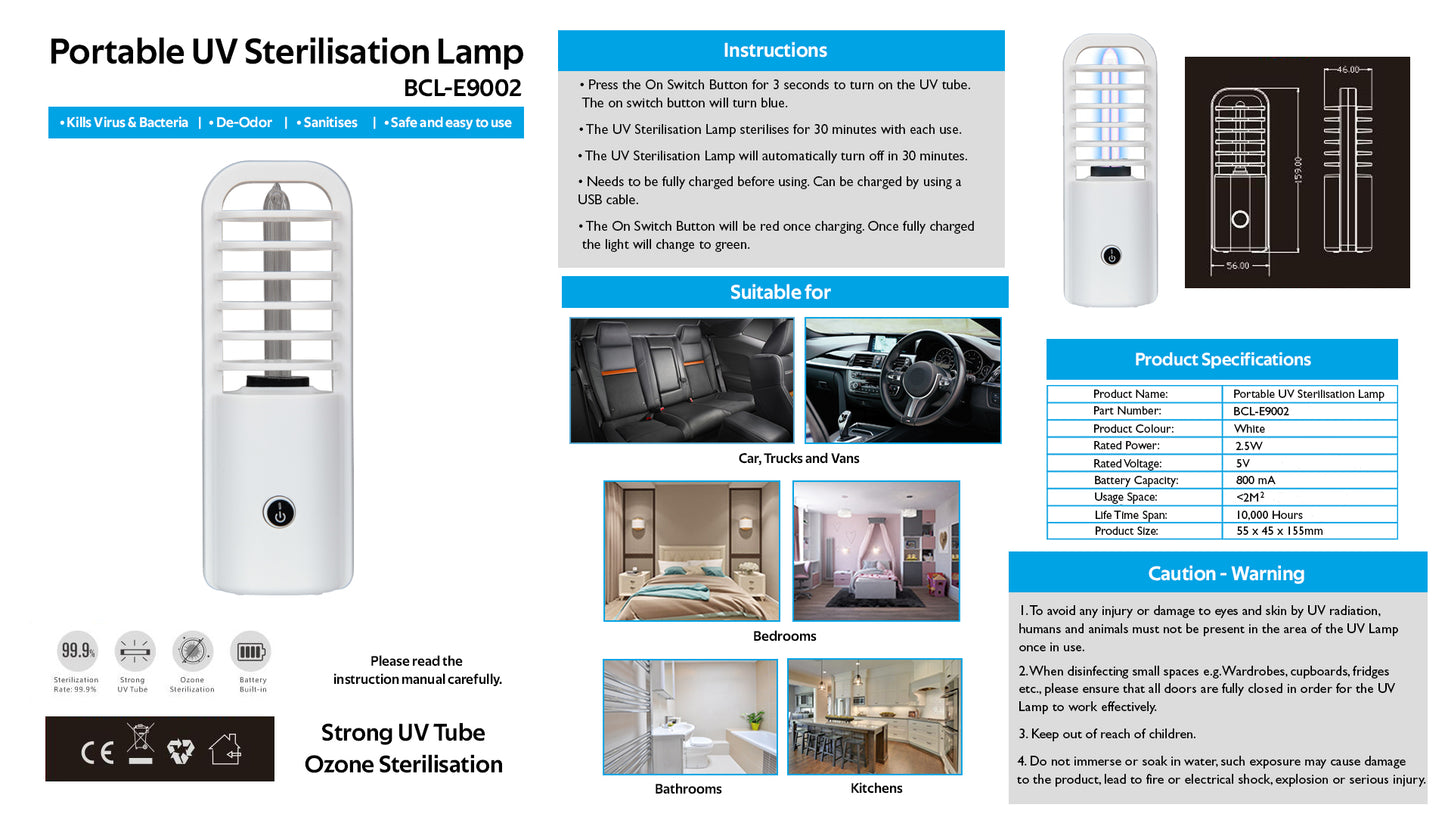 Portable UV and Ozone Sterilisation Lamp - BCL Auto Electrics Online Shop - Covid - Cars, Trucks, Vans, Bedrooms, Children's Playrooms, Bathrooms, Kitchens, Wardrobes, Cupboards